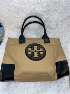 TORY BURCH Raffia Leather Trim Tote ELLA Bag Tan Natural Black Leather - Picture 1 of 13