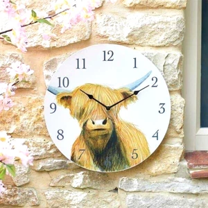 Hand Painted Wall Clock Indoor/Outdoor Decor Novelty Highland Cow 12inch Quartz - Picture 1 of 24