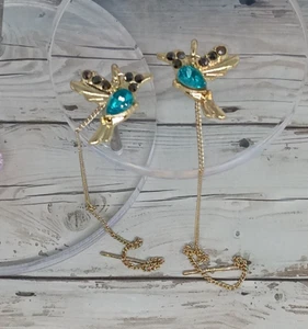 Golden Color Hummingbird Pierced Earrings Blue Stone Gifts Studs pierce earring - Picture 1 of 2