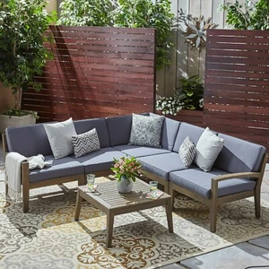 Ray Outdoor Acacia Wood 5 Seater Sectional Sofa Set with Coffee Table - Picture 1 of 12
