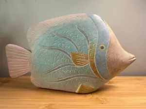 Vintage 1980s Teakwood Tropical Fish Sculpture Painted in Pastel - Picture 1 of 6