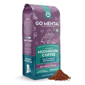 Organic Decaf Mushroom Coffee Dark Roast 12oz Ground - Red Reishi & Chaga - Picture 1 of 8