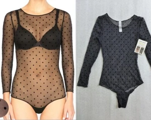 SPANX Smoothing Mesh Flocked Dot Thong Bodysuit  Sheer Black Sizes S L $54 NEW - Picture 1 of 12