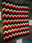 VTG Afghan Handmade Crochet Throw Blanket 66” X 51” Red Black Wht Modern Chevron