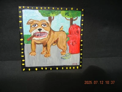 Original Bull Dog Boxer Painting Hydrant cigar smoking dog 5 x 5 inch - Image 1 of 4
