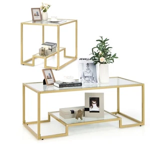 Modern Coffee Table Set of 2 Glass Coffee Table & Accent Table for Living Room - Picture 1 of 8