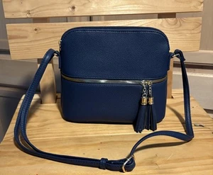 Blaue Umhängetasche Reißverschluss Handtasche Tasche mit Quaste leicht mittel Innentaschen - Bild 1 von 11