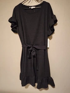 Womans 3x Nwt Emma & Michele Black/ Navy Blue Belted Flutter Cap Sleeve Dress - Picture 1 of 13