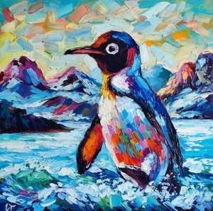 Pintura al óleo original Pingüino Pájaro Obra de arte Animales polares Arte de pared 10*10 pulgadas - Imagen 1 de 10