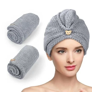Microfiber Hair Towel Wrap Women 2 Pack Turban Wet Hair Anti Frizz Grey - Picture 1 of 6