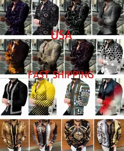Button Down Shirts Men's Baroque Fashion Casual Long Sleeve Party Up Silky Dress - Picture 1 of 62
