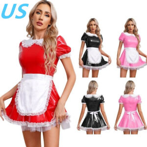 US Women's French Maid Cosplay Costume Patent Leather Dress and Apron Uniform
