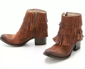 FREEBIRD BY STEVEN BELLE FRINGE BOOTIE SUEDE BOOTS WESTERN MOCCASIN TAN BOHO 7 - Picture 1 of 12