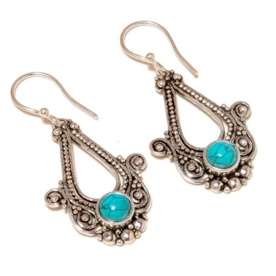 Blue Turquoise Round Gemstone Silver Overlay Handmade Drop Dangle Earrings N1488 - Image 1 of 3