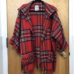 Faribault Woolen Mill J Jill LTD Wool Red Plaid Cape with Fringe Made In USA - Picture 1 of 9