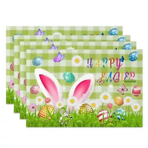 Happy Easter Placemats Set of 4 12x18 Inch Green Checkered Place Mats with Bu... - Picture 1 of 4