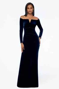 Xscape Navy Blue Velvet Off The Shoulder Dress Size 10 $209 - Picture 1 of 2