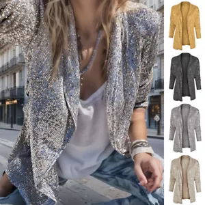 Women Glitter Sequin Long Sleeve Blazer Suit Coat Jacket New Year Party Top 6-20 - Picture 1 of 23
