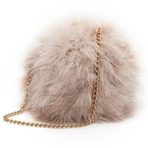 Chic Prom Champagne Blush Faux Feather Clutch Shoulder Bag Gold Chain Kiss Lock - Picture 1 of 9