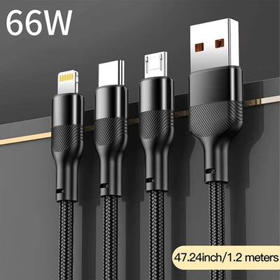 66W 3 in 1 Micro USB /Type C /IOS Fast Charging Charger Data Sync Cable Cord - Image 1 of 4
