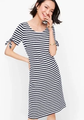 Talbots Shift Dress Tie Short Sleeve Womens L Blue White Stripe 100% Cotton - Image 1 of 4