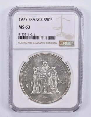 Francia 1977 50 francos plata MS63 NGC etiqueta marrón *3574 Foto 1 de 4