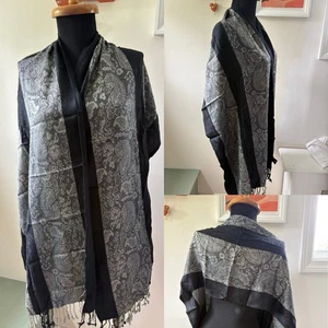 Indian Scarf Shawl Wrap Paisley Rayon Black Gray 73 x 18.5" - Picture 1 of 6