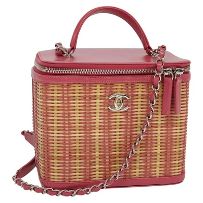 Auténtico bolso de hombro Chanel de cadena de tocador de mimbre ratán 2 vías rosa plata CC 114200AM Foto 1 de 4