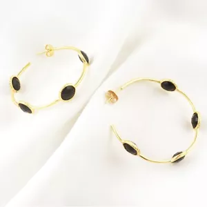 Ultimate Black Onyx Cut Gold Plated Handmade Reversible Hoop Earring Git For Her - Picture 1 of 3