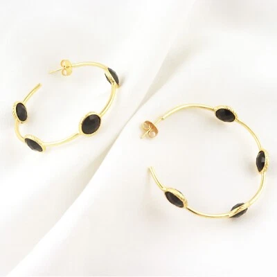 Pendiente aro reversible hecho a mano enchapado en oro corte ónix negro definitivo Git para ella Foto 1 de 3