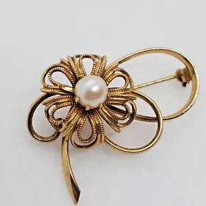 Vintage Gold Pearl Flower BROOCH PIN  14K Yellow 5.5G - Picture 1 of 7