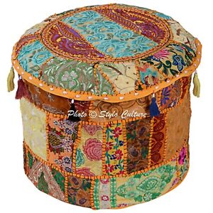 New Yellow Patchwork Floor Pillow Footstool Round Pouf Cover Ottoman Home Decor