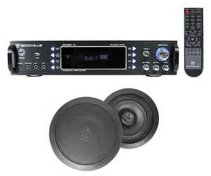 RPA60BT Home Theater Bluetooth Receiver + (2) 8" Black In-Ceiling Speakers - Picture 1 of 12