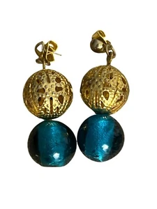 Vintage Gold Tone Dangle Pierced Earrings Blue Glass Cage Beads 1.5" Long Bali - Picture 1 of 3