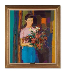 Nicola Simbari Large Impressionist / Abstract Oil Painting Lady with flowers - Picture 1 of 6