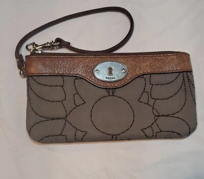 Fossil Key-Per Wristlet Gray Quilted Textile w/Brown Pebbled Leather Trim - Image 1 of 4