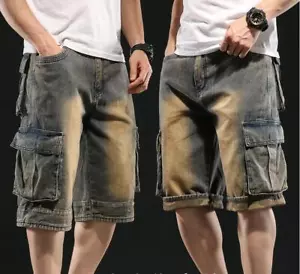 New Men's Jeans Denim Cargo Shorts Summer Casual Multi Pocket Short Pants Loose - Picture 1 of 20