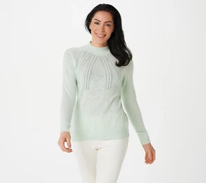 Denim & Co. Long Sleeve Mock Neck Cable Knit Sweater True Seafood Women's Medium - Picture 1 of 6