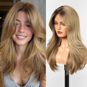 Natural Long Wig with Fringe Synthetic Heat Resistant Hair Ombre Blonde 24" -New - Picture 1 of 8