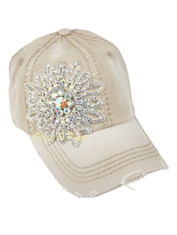 NWT Bling Rhinestone Flower Distressed Khaki Baseball Hat by Olive & Pique - Image 1 of 1