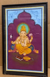 Pintura de tela vintage Ganesh indio hindú elefante dios enmarcada madera tamaño 28"x18" - Imagen 1 de 12