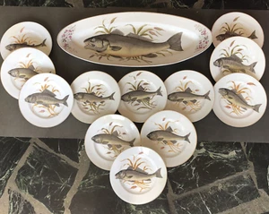 France~13 PIECE HP PAINTED PORELAIN FISH SERVICE,24.25"PLATTER,12 PLATES 8.25"~ - Picture 1 of 11