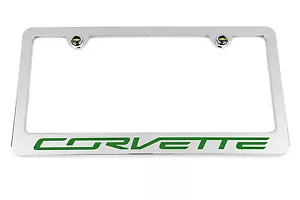 C7 Corvette Chrome Engraved License Plate Frame - Green Corvette - Made in USA - Picture 1 of 3