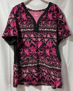 Premiere by Healing Hands Scrub Top Pink Red White Heart  Print Size 2X - Picture 1 of 7
