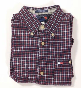 TOMMY HILFIGER Boys Blue Red White Plaid Long Sleeved Cotton Flannel Button F... - Picture 1 of 6