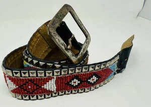 Vintage Gorgeous laced Beaded Leather Belt 28 Long Blue And Red All Beaded - Picture 1 of 10