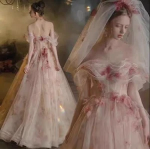 Precioso Vestido de Princesa de Tul Flores con Volantes Hombro Descubierto Noche Baile de graduación - Imagen 1 de 12