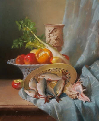 David de NOTER peintre belge dessin tableau pastel nature morte fruits poissons  - Photo 1/4