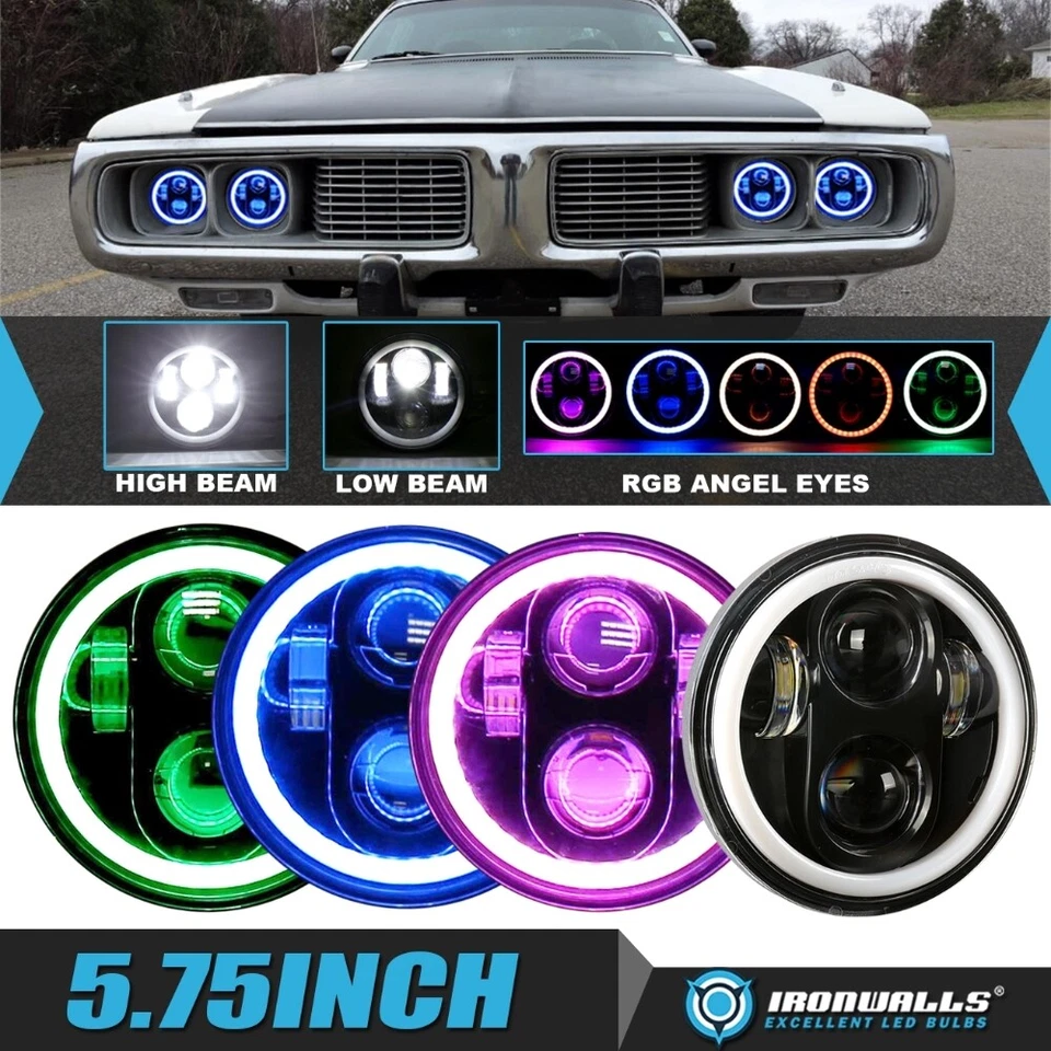 Faróis de LED 4x 5,75" 5-3/4" RGB Angel Eyes Hi-Lo para 1967-1974 Dodge Charger - Imagem 1 de 4