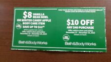 2 Bath & Body Works Coupons $10 Off $40 & $8 Body Care Item
